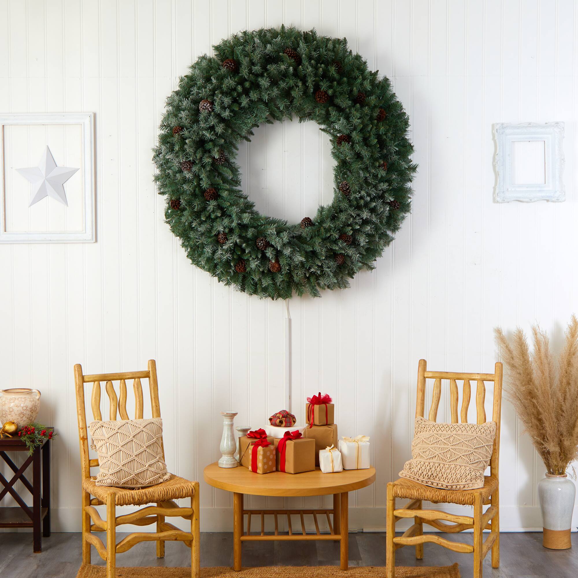 5ft. Clear LED Lights Flocked Artificial Christmas Wreath With Pinecones